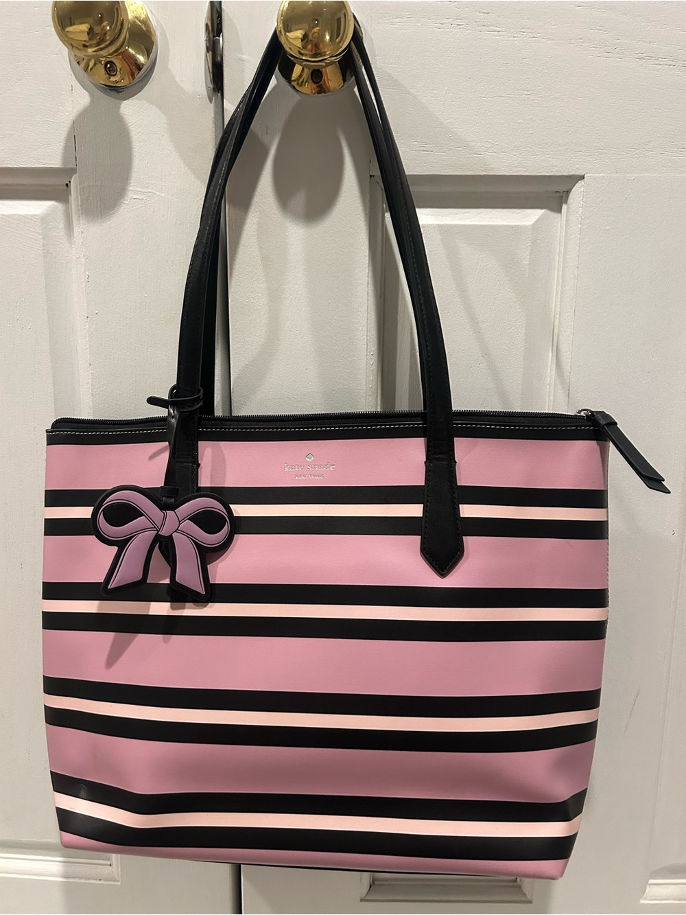 kate spade Pink/purple Stripe Tote Bag with Bow Charm